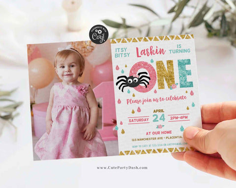 Editable Itsy Bitsy spider First birthday Girl invitation
