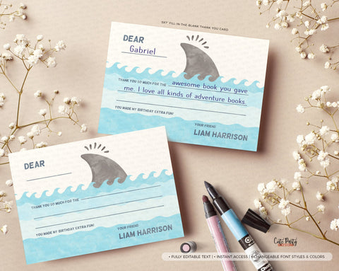 Editable Shark Birthday Party Fill-in-the-Blank Kids Thank You Note - Digital Download