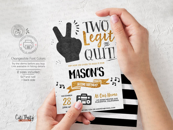 Two Legit To Quit Gold Black Birthday Party Invitation - Digital Download - Cute Party Dash