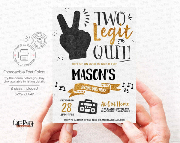 Two Legit To Quit Gold Black Birthday Party Invitation - Digital Download - Cute Party Dash