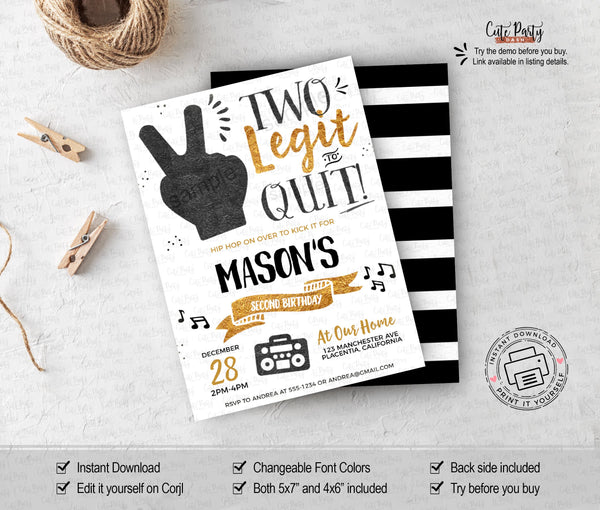 Two Legit To Quit Gold Black Birthday Party Invitation - Digital Download - Cute Party Dash