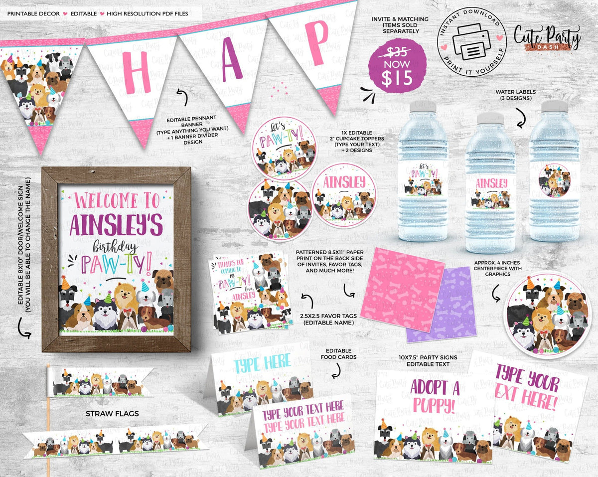 Puppy themed Birthday Party Printable Decorations – Cute Party Dash