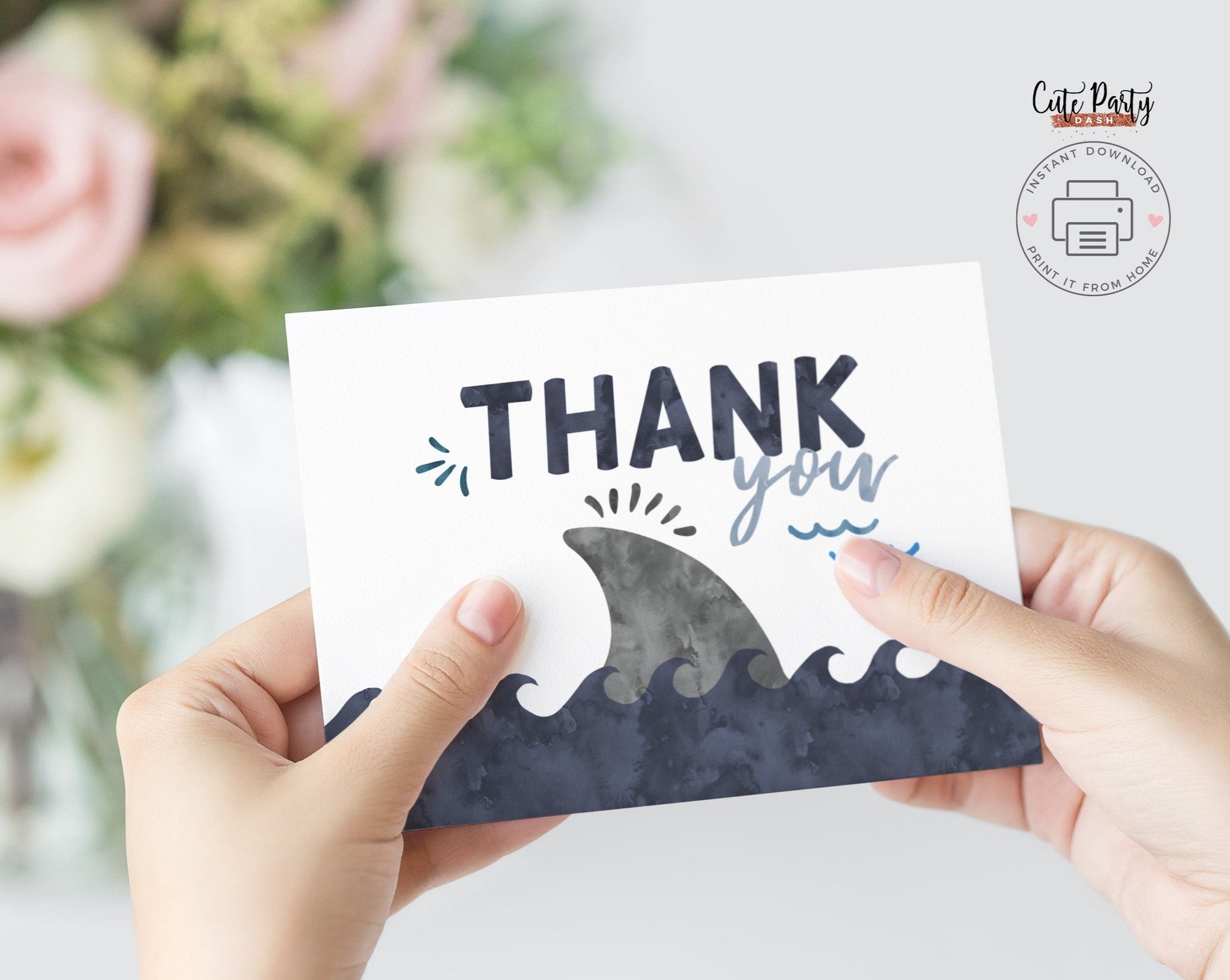 Shark Birthday Party Fold Thank you Note- Digital Download - Cute Party Dash