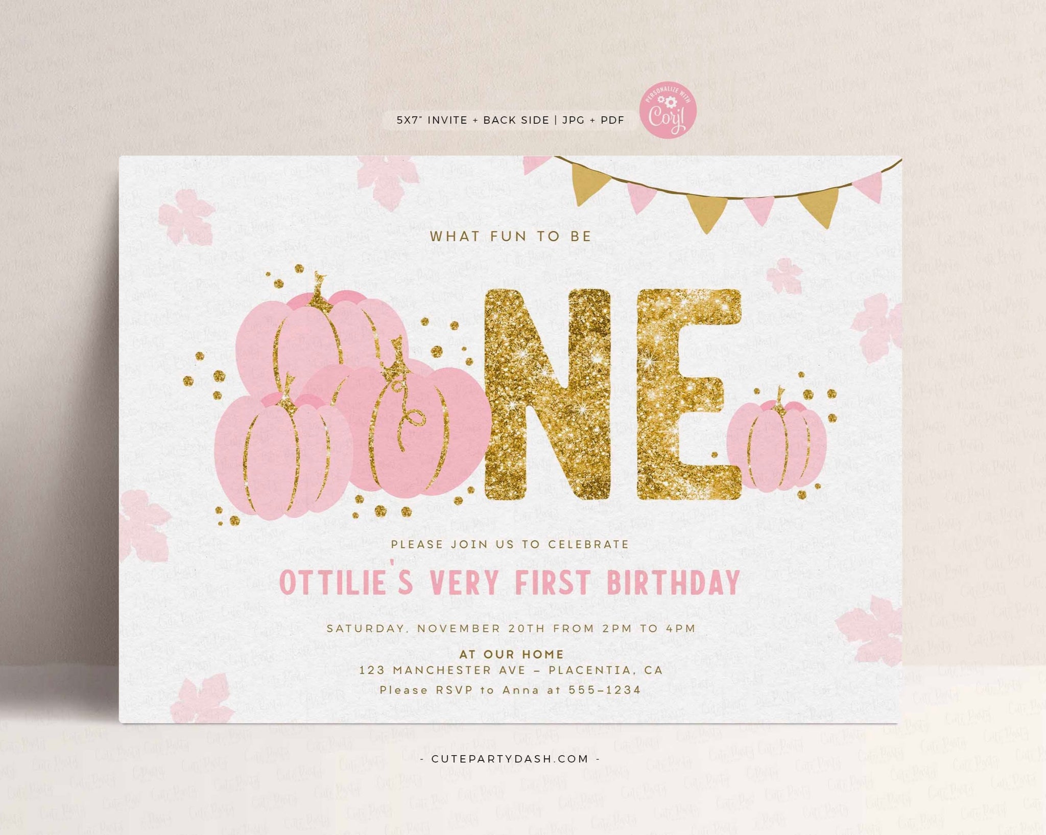 Our Little Pumpkin First Birthday Girl Invitation - Digital Download