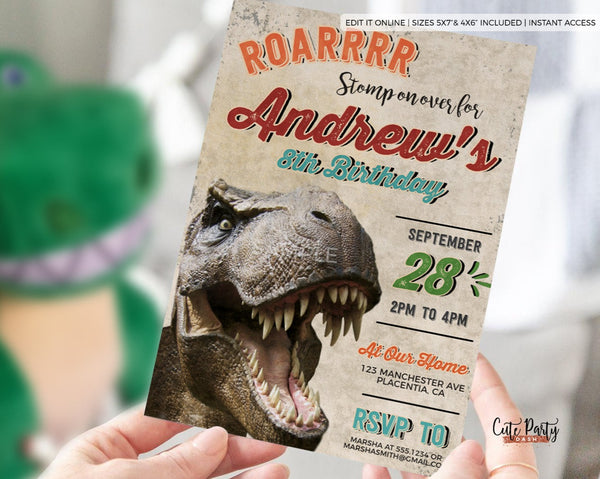Vintage Dinosaur Birthday Party Invitations - Digital Download