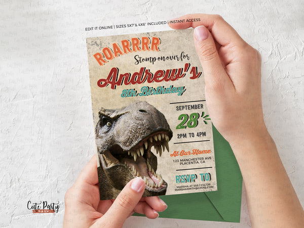 Vintage Dinosaur Birthday Party Invitations - Digital Download