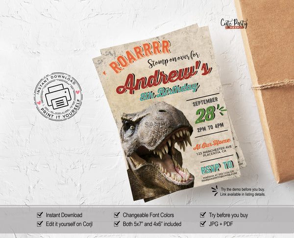 Vintage Dinosaur Birthday Party Invitations - Digital Download