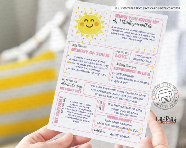 You Are My Sunshine First Birthday Time Capsule Card - Digital Download