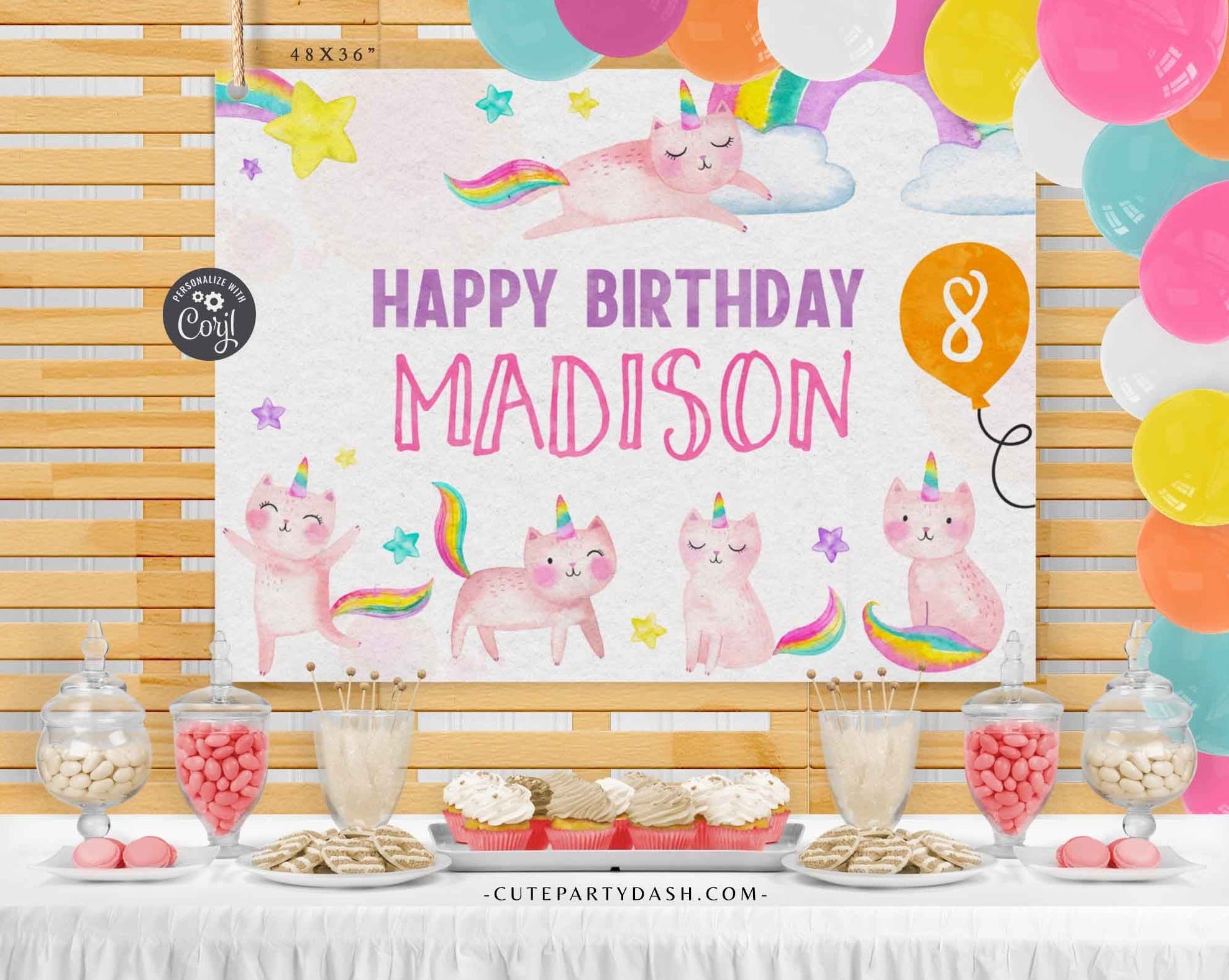 Caticorn Birthday Backdrop, Wall sign, Birthday Poster - Digital Download