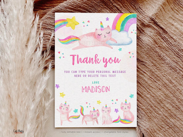 Caticorn Birthday party Printable thank you card