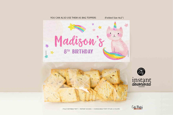 Caticorn Birthday party Printable bag toppers