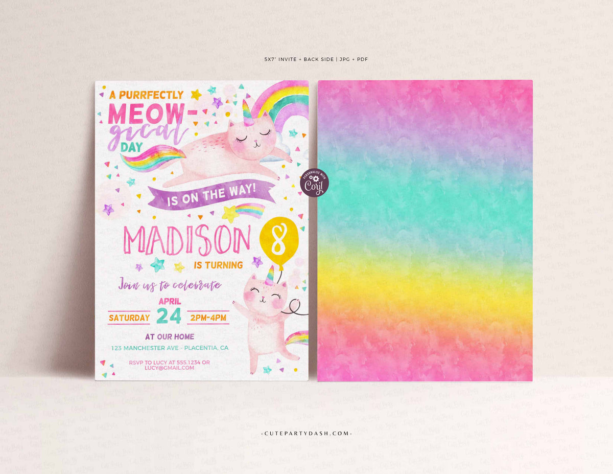 Caticorn Birthday Party invitation, Cat unicorn rainbow Birthday Invit ...