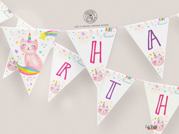 Caticorn Birthday Party Photo invitation, Cat unicorn rainbow Birthday Invite- Instant Download