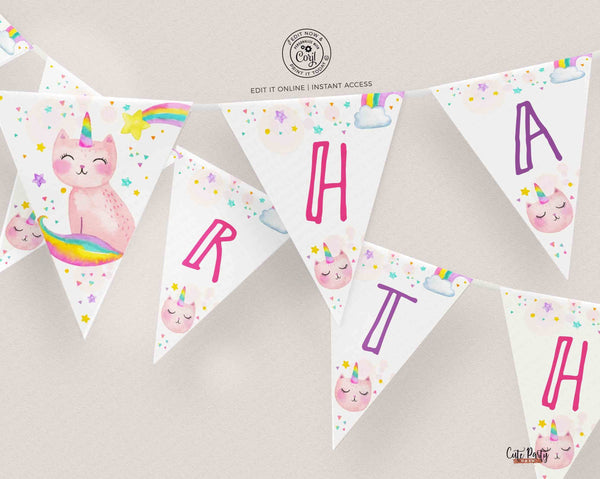 Editable Caticorn Happy Birthday Wall Banner, Pennant Flag - Digital Download