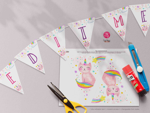 Editable Caticorn Happy Birthday Wall Banner, Pennant Flag - Digital Download