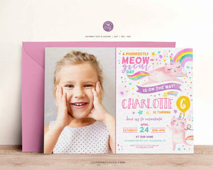 Caticorn Birthday Party Photo invitation, Cat unicorn rainbow Birthday Invite- Instant Download