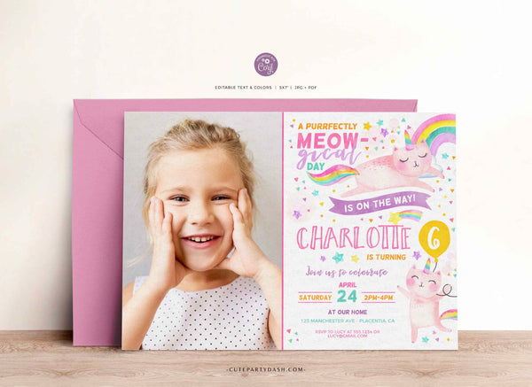 Caticorn Birthday party Printable photo invite