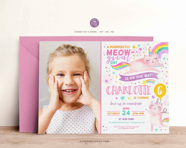 Caticorn Birthday Party Photo invitation, Cat unicorn rainbow Birthday Invite- Instant Download