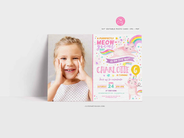 Caticorn Birthday Party Photo invitation, Cat unicorn rainbow Birthday Invite- Instant Download