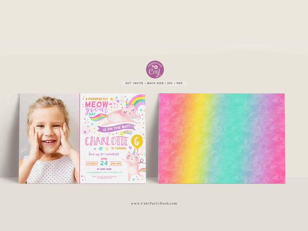 Caticorn Birthday Party Photo invitation, Cat unicorn rainbow Birthday Invite- Instant Download