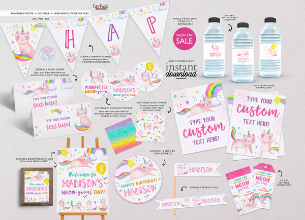 Caticorn Birthday Party Photo invitation, Cat unicorn rainbow Birthday Invite- Instant Download