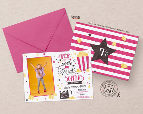 Hot Pink Movie Night Birthday Photo invitation - Digital Download