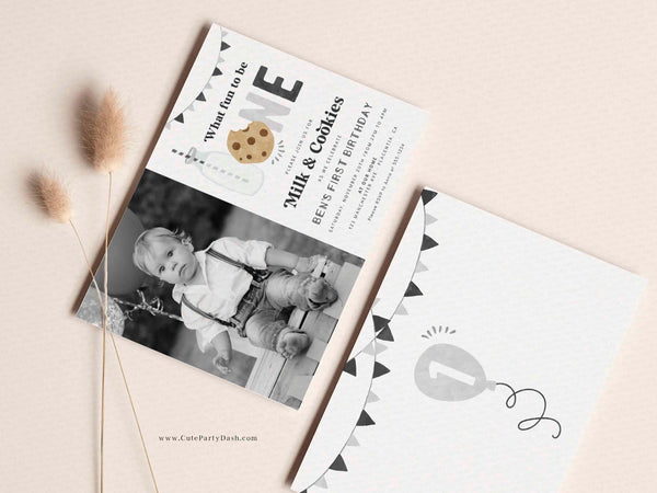 Minimalist Milk and Cookies Birthday Invitation