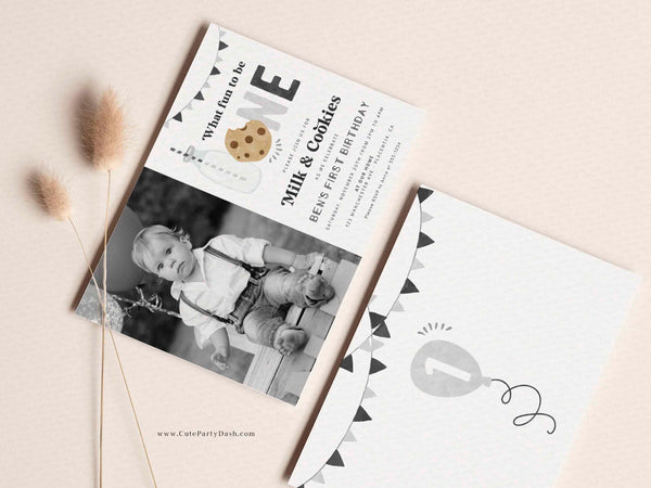 Minimalist Milk and Cookies Birthday Invitation