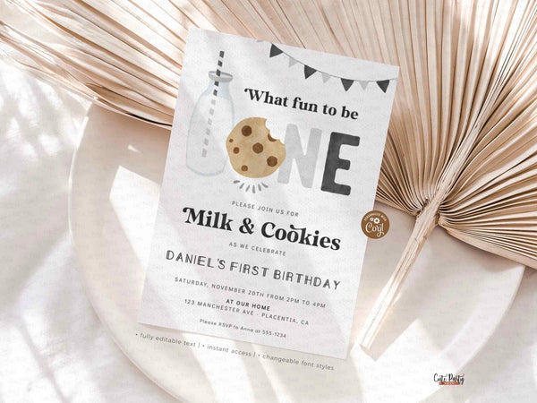 Minimalist Milk and Cookies Birthday Invitation