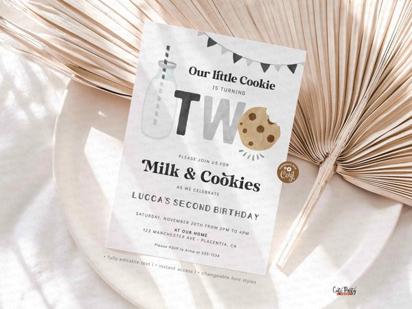 Minimalist Milk and Cookies Birthday Party invitation - INSTANT DOWNLOAD