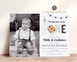 Minimal Milk and Cookies First Birthday Photo invitation