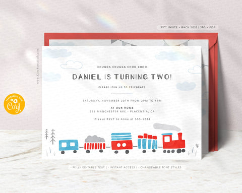 Modern Minimalist Chugga Chugga Choo choo Train Birthday Party invitation - Digital Download - Digital Download