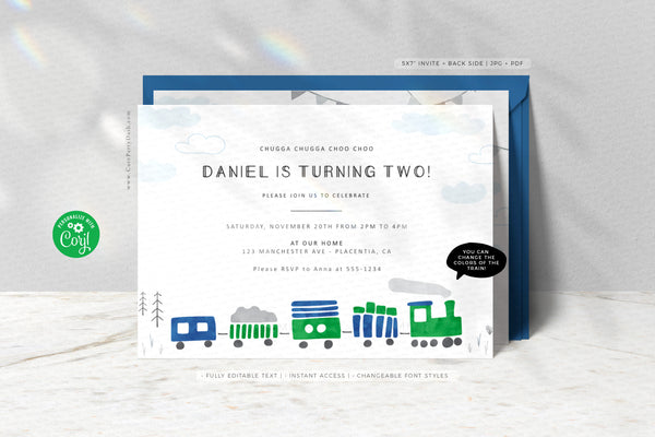Modern Minimalist Chugga Chugga Choo choo Train Birthday Party invitation - Digital Download - Digital Download