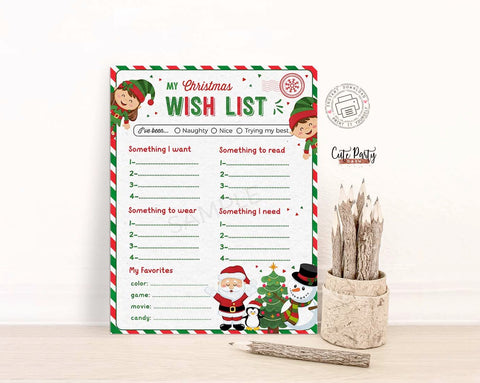 Christmas Wish List for kids, Printable Holidays Wish List template - Instant Download