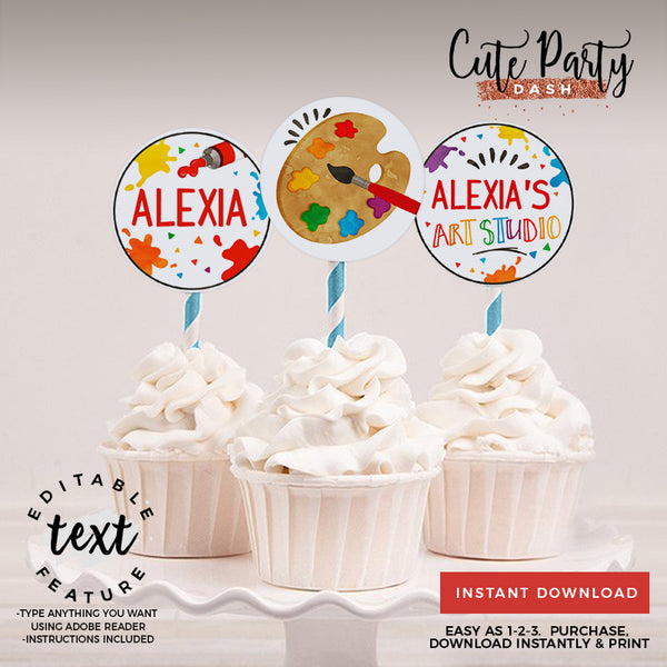 Editable Art Party Birthday Printable cupcake topper