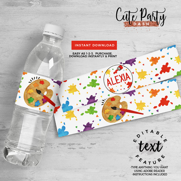 Editable Art Party Birthday Printable water bottle label