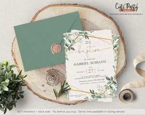 Eucalyptus Geometric Baptism Invitation