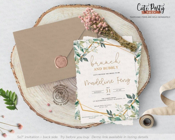 Greenery Bridal Shower Brunch and Bubbly Invitation Suite- Digital Download - Cute Party Dash