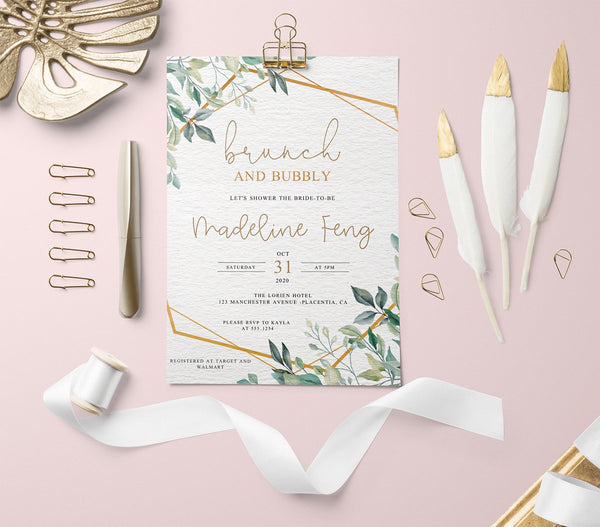 Greenery Bridal Shower Brunch and Bubbly Invitation Suite- Digital Download - Cute Party Dash