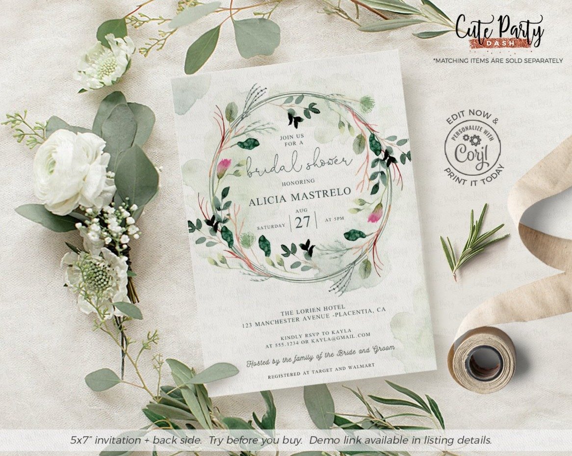 Eucalyptus Bohemian Bridal Shower Invitation - Digital Download - Cute Party Dash