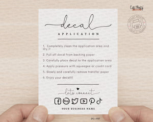 Decal Application Care Card Template  - Instant Download