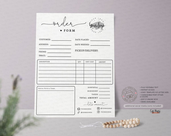 Order Form Editable Template Billing Form - Instant Download