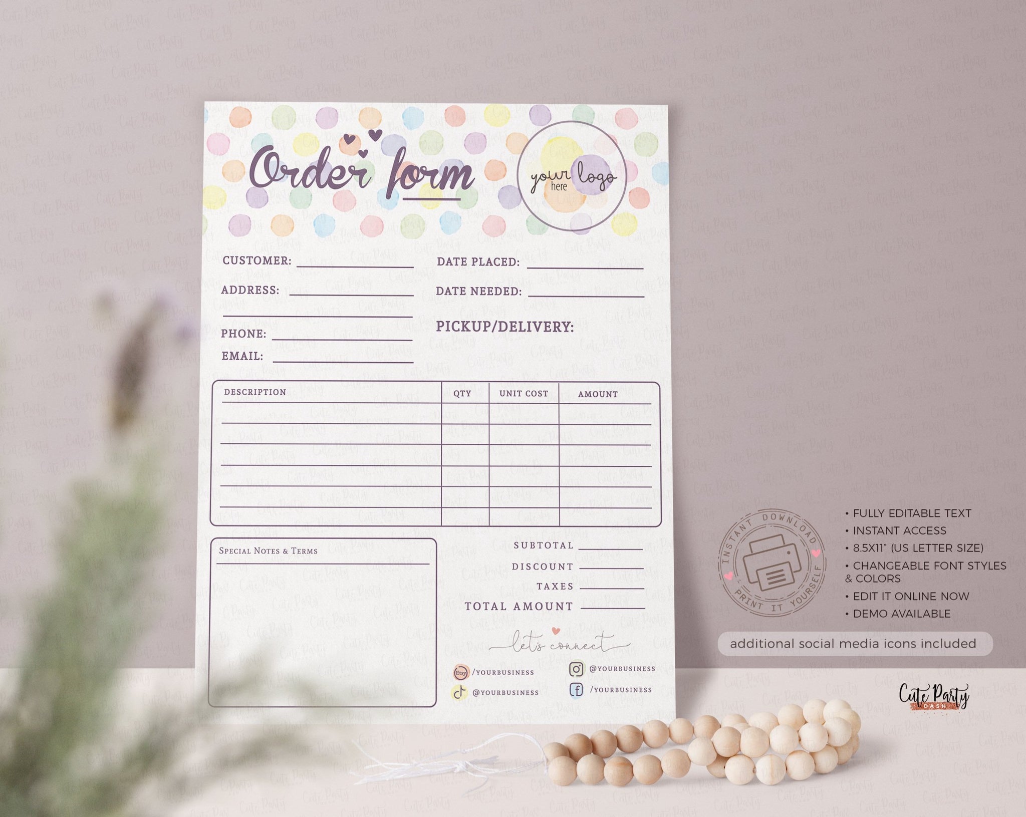 Watercolor Dots Order Form Editable Template Billing Form - Instant Download