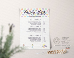 Watercolor Dots Price List Editable Template - Instant Download
