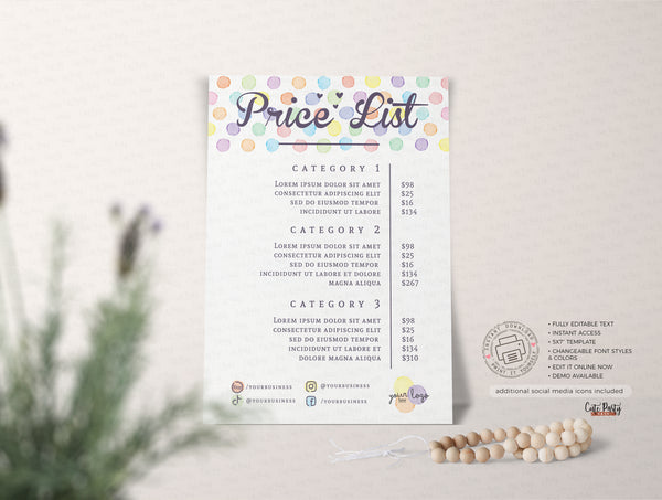 Watercolor Dots Order Form Editable Template Billing Form - Instant Download