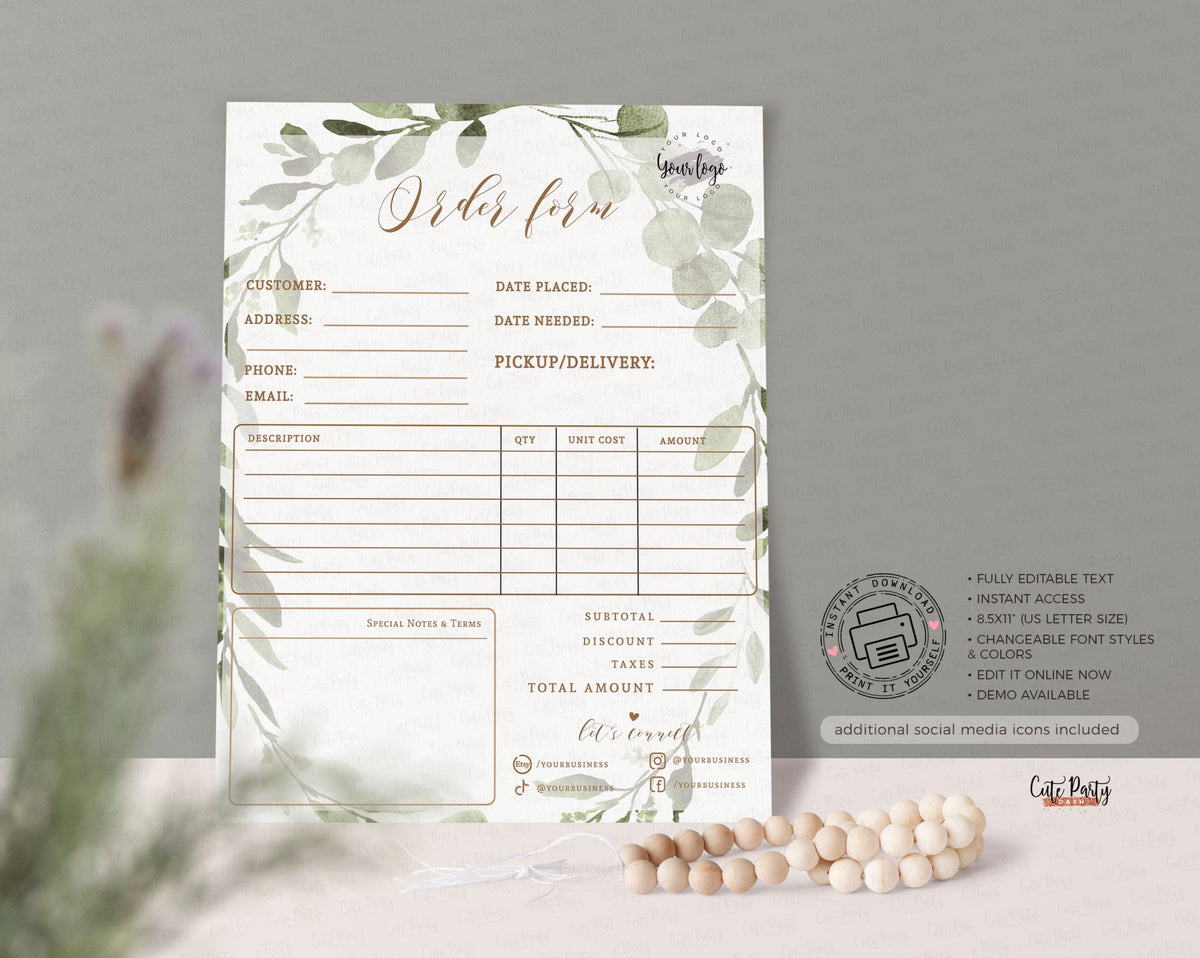 Greenery Wreath Order Form Editable Template Billing Form Instant Do