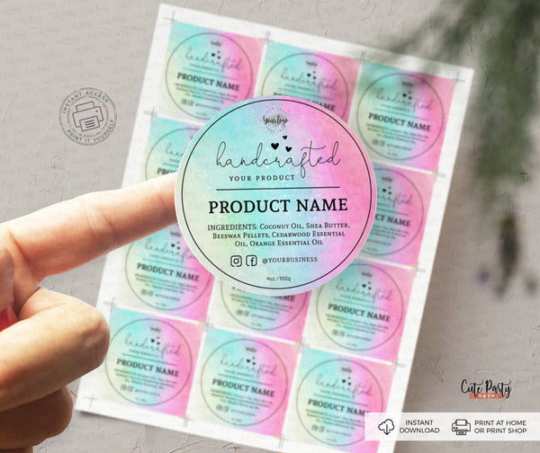Watercolor Rainbow Round Product Label Editable Template - Instant Download