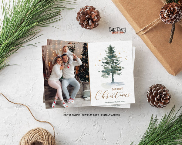 Modern Watercolor Christmas Photo Greeting Card - Instant Download