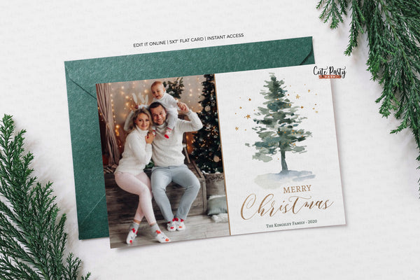 Modern Watercolor Christmas Photo Greeting Card - Instant Download