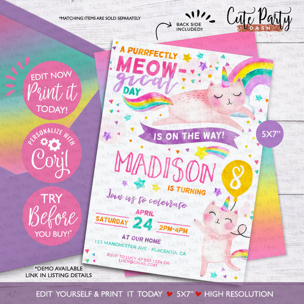 Caticorn Birthday party Printable invitation